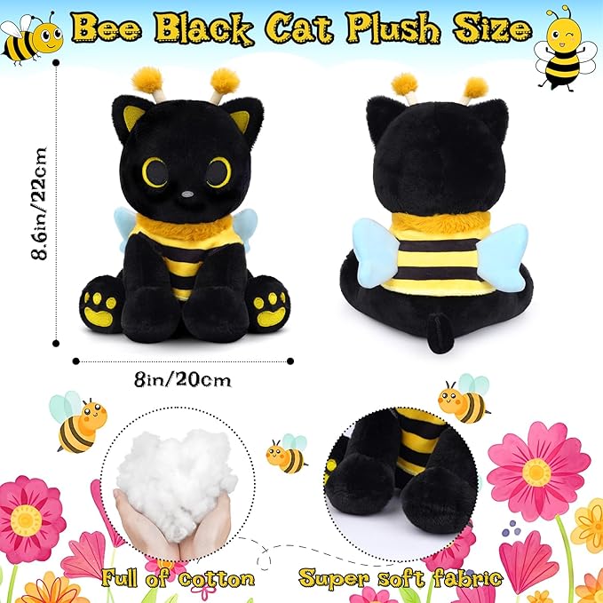 Cat Bee Plush, 8inch Kawaii Black Cat Plush with Honeybee Outfit Costume, Cute Plushies Kitten Stuffed Animal Soft Huggable Plushies Toy for Kids Christmas, Birthday Gifts