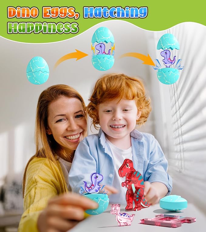 Dinosaur Toys Magnetic Tiles Set - 2 Eggs, 2 Baby Dinos & 5 Large Dinosaurs for Kids 3-5, 105pcs Magnetic Building Blocks for Toddlers 1-3 4-8,Magnet Tiles Educational Toy for Boys Girls