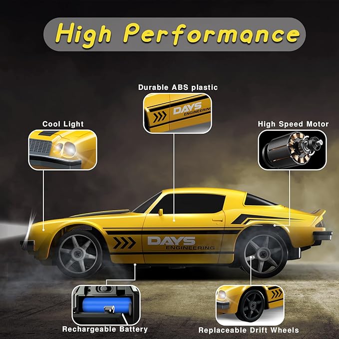 1/24 2.4GHz 4WD Remote Control Drift Car for Boys Girls - Mini RC Car With Light, Rechargeable Battery, and Drift Tires - Yellow Birthday and Xmas Toy for Kids