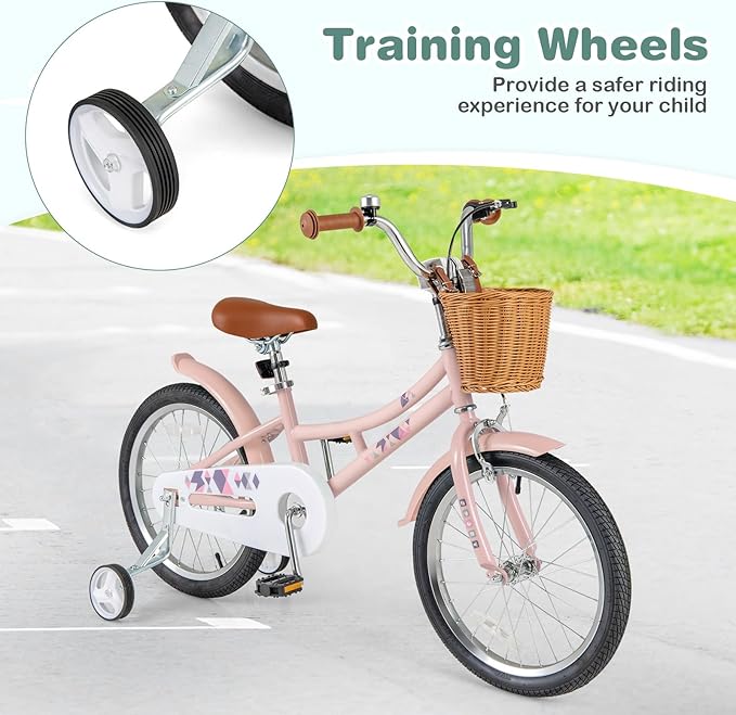 BABY JOY Retro Kids Bike, 12 14 16 18 Inch Child Bike for 3-8 Years Old w/Rattan Basket, Adjustable Height, Training Wheels, Fenders, Handbrake Coaster Brake, 95% Pre-Assembled Kids Bicycle for Girls