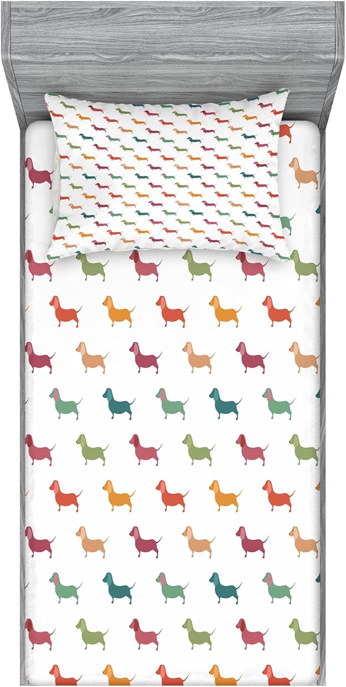 Ambesonne Scottie Dog Fitted Sheet & Pillow Sham Set, Repeating Pattern of Soft Pastel Colored Happy Little Dachshund Breeds, Decorative Printed 2 Piece Bedding Decor Set, Twinxl, Plum Orange