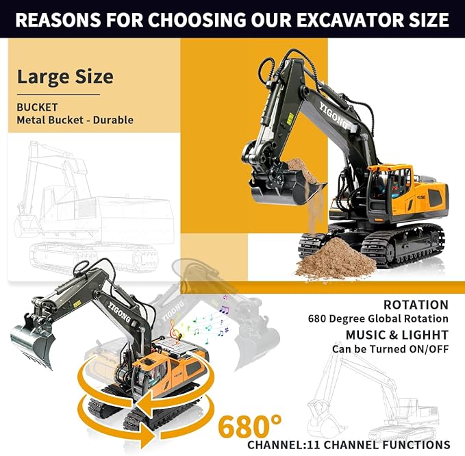 Remote Control Excavator Toy, Present for Boys 4 5 6 7 8 9 10 11 12 13 Year Old, RC Construction Toys with Metal Shovel, Lights, Sounds, 2.4Ghz, Turns 680 Degree - Christmas Birthday Gift