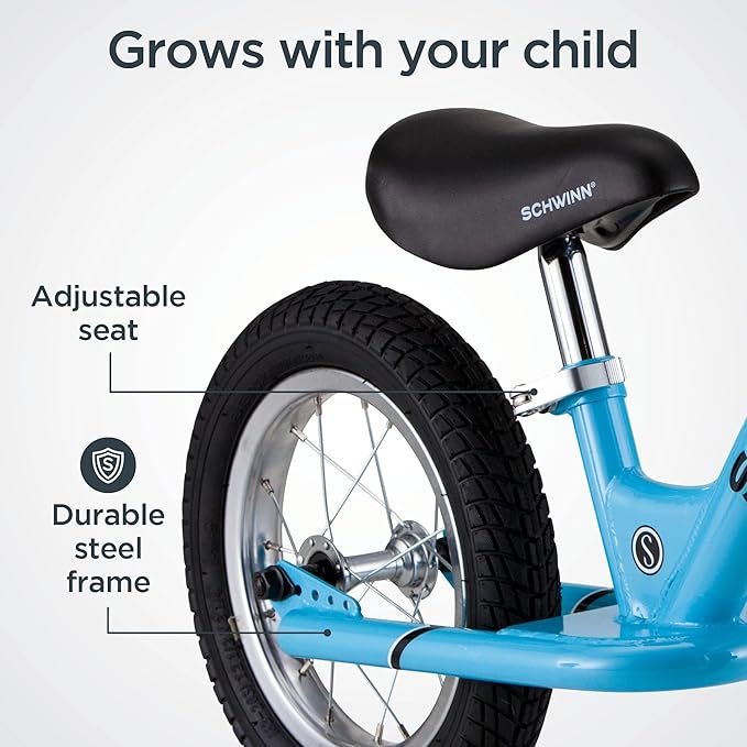 Schwinn Balance Bike, 12 Inch Bike for Kids Ages 2-4, Durable Steel Frame, Padded Seat, Cushioned Grips, Adjustable Seat Grows with Your Child, No Training Wheels Needed, Training Bicycle for Kids