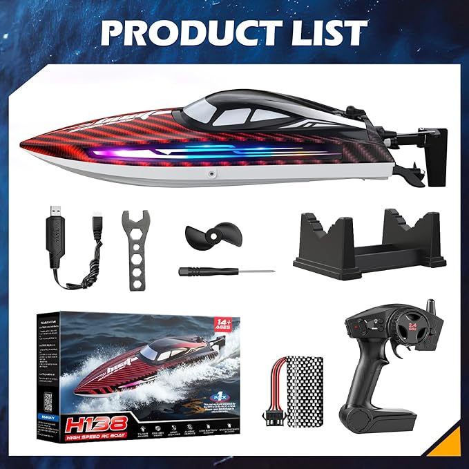 RC Boat 30KMH with 7Light Modes,Remote Control Electric Fast Speed Boat for Adults Kids 8-12 Lake Pool Water Play,Self-righting,Demo,Water Cooling,Full Waterproof,20 Mins,Low Battery Alert,2.4Ghz,Red