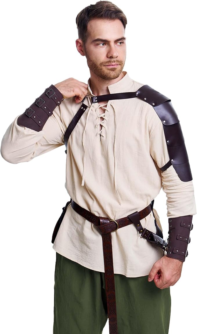 8 Pcs Men's Renaissance Costume Halloween Medieval Pirate Shirt Pant Viking Costume Accessories Set