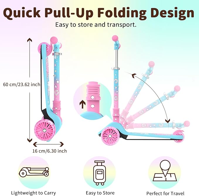 BELEEV A9 Kids Scooter with LED Light-Up Wheels & Deck, 3 Wheel Folding Scooter for Toddlers Girls Boys Ages 3-12, Adjustable Handlebar, Lean to Steer, Extra-Wide Wheels, Kick Scooter for Children