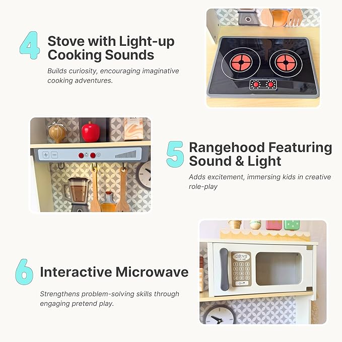 Wooden Play Kitchen for Kids with Working Sink & Faucet Toy – Montessori Sensory Pretend Playset for Toddlers 3-5 – Interactive Kids Kitchen Playset with Lights & Sounds