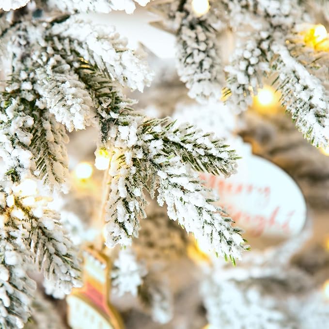 Glitzhome Prelit Christmas Tree, 6ft Flocked Artificial Christmas Tree Serene Snowscape Fir with 300 Warm White Lights for Home, Office, Party Decoration, Metal Hinges & Base, Easy Assembly