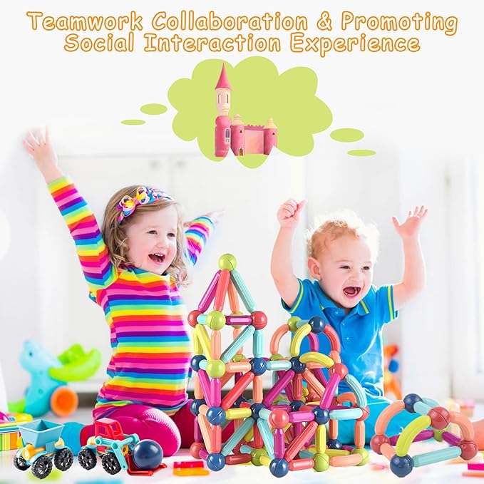 128Pcs Magnetic Blocks Kids Toys, Large Magnetic Building Sticks STEM Educational Sensory Toy Preschool Learning Montessori Toys for Toddlers Boys Girls Ages 3-8 with 2 Cars