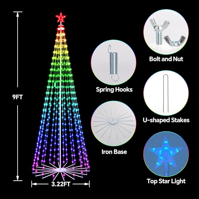 9 FT Outdoor Christmas Tree,Smart APP Remote Control RGB Color Changing DIY Timer 460 LED Christmas Tree for Indoor Outdoor Decorations