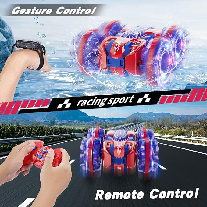 4WD Waterproof RC Car, 2.4 GHz Amphibious Remote Control Car Remote Control Boat for Kids, 360°Rotation RC Truck Stunt Cars with LED Lights, Boys Girls Gifts All Terrain Water Beach Pool Toy