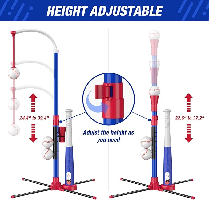4 in 1 T Ball Sets for Kids 3-5 with Toss and Catch Ball Set, Hanging Tee Stand with Auto Pitching Machine/ 2 Bats, Indoor Outdoor Toys Birthday Baseball Gifts for Toddler Boys Girls, Blue