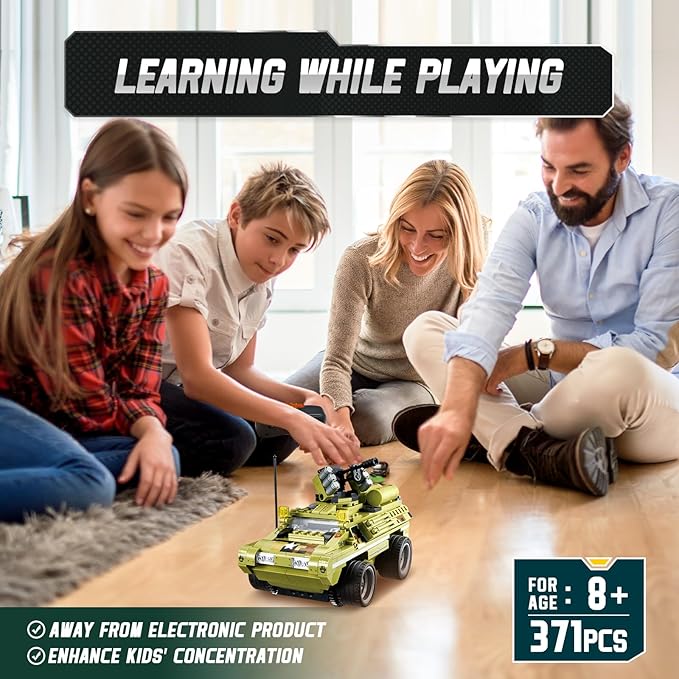 Wise Blocks 371 Pcs Building Blocks Remote Control Car, Building Toys for Boys Age 8-12, STEM Toys Construction Sets, RC Cars Boy Toys Birthday Gifts for Kids Age 8+, RC Military Armored Truck