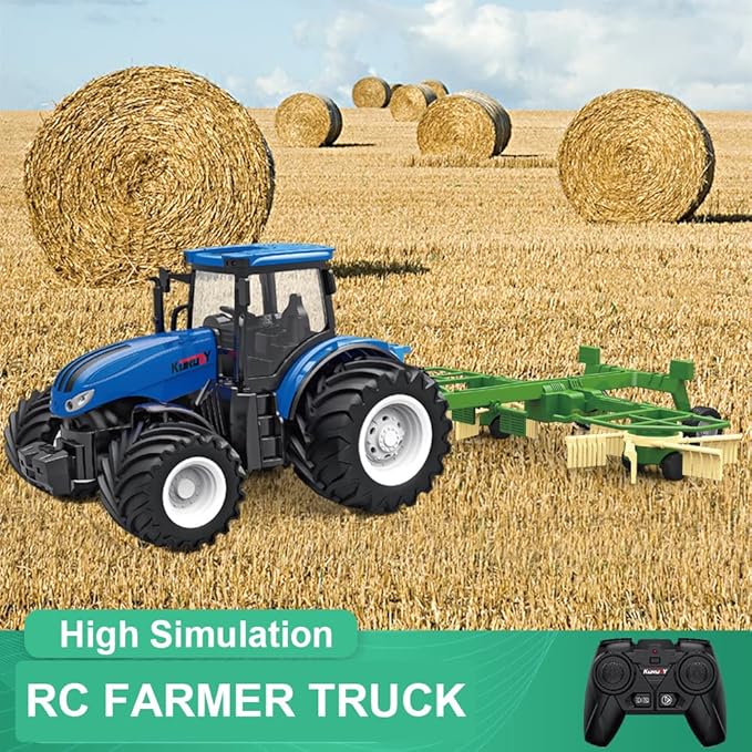RC Truck Farm Tractor with 2 Rechargeable Batteries - 2.4G 1/24 High Simulation Construction Vehicle with Dual Rotary Swath Windrower,Remote Control Toy with Lights, Hobby Model Toys for Kids 3-6