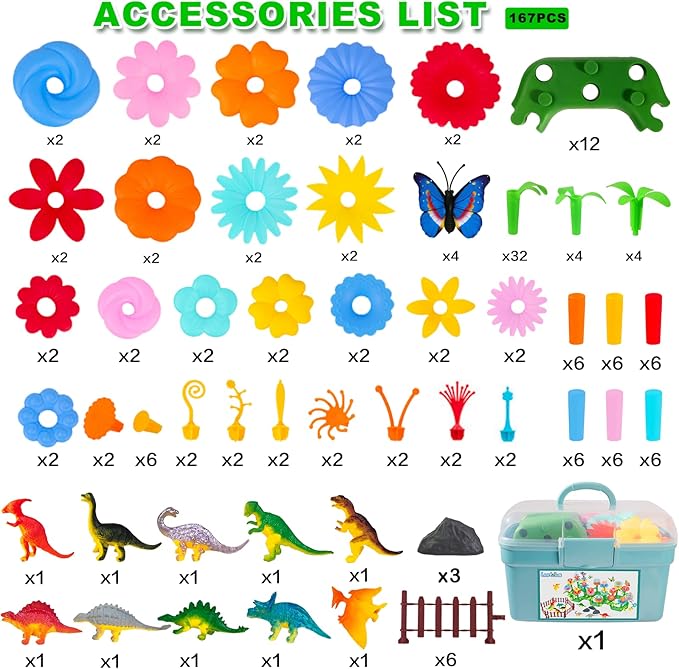 Birthday Toys Gifts for Toddlers Boys Girls Age 2 3 4 5 6,167 PCS Dinosaur Flower Garden Building Blocks,STEM Fine Motor Skill Stacking Games, Birthday Gifts for Preschool Kids 2+ Years Old