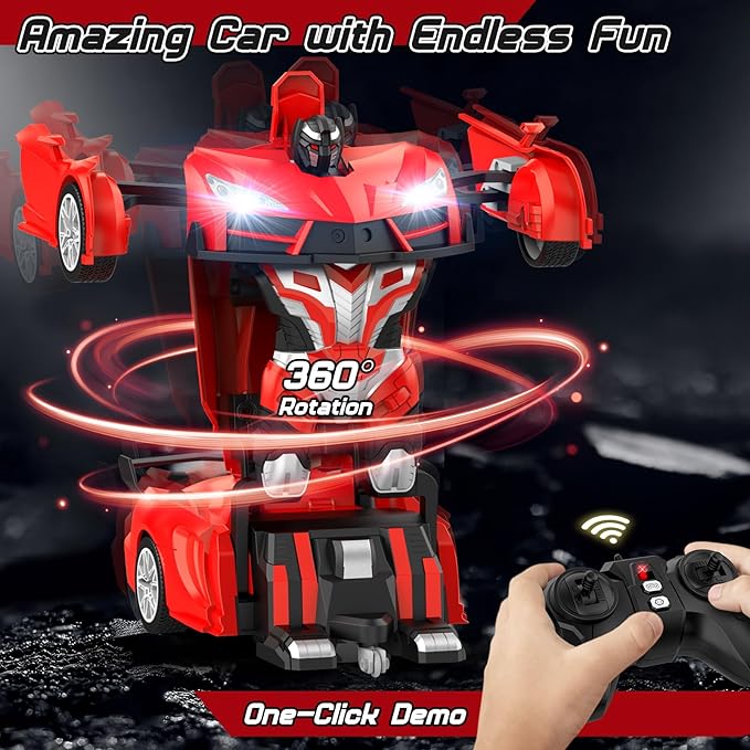 Remote Control Car,Transform Robot RC Cars with Cool LED Headlights, 2.4Ghz Toys Car with 360 Degree Rotation and One-Button Deformation, Christmas Birthday Gifts for Boys Girls(Red)