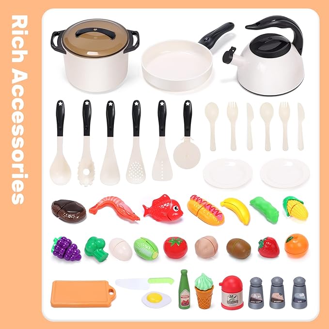 CUTE STONE Play Kitchen Accessories Toy, Play Food Sets for Kids Kitchen, Pretend Kitchen Set for Kids with Play Pots, Pans, Toddler Kitchen Playset Kitchen Toys for Girls Boys