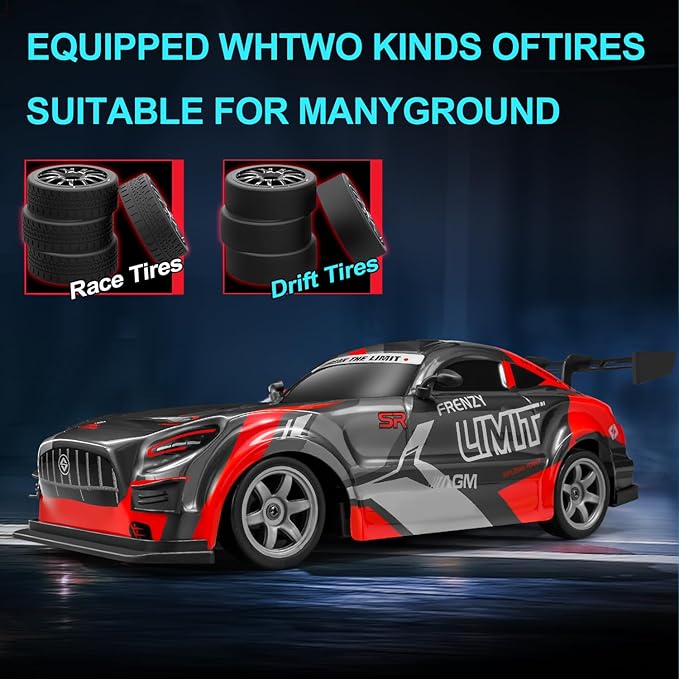 ACAMMZAR 1:16 RC Drift Car, 25KM/H 4WD High Speed Remote Control Cars for Kids, with LED Lights, Two Batteries, Extra Tires, Drift RC Cars for Adults