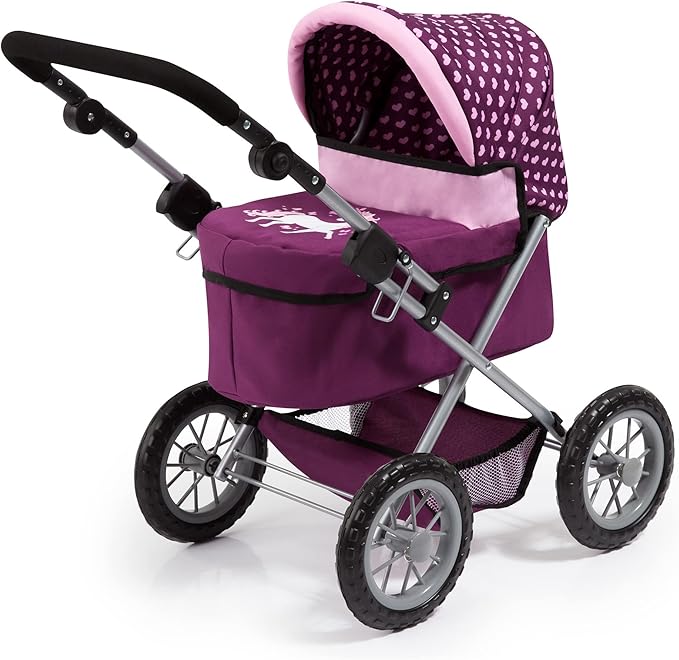 Bayer Design Dolls: Trendy Pram - Burgundy, Pink, Hearts - Includes Shoulder Bag, Fits Dolls Up to 18", Adjustable Handle, Kids Pretend Play, Shopping Basket, Easy to Fold, Ages 3+