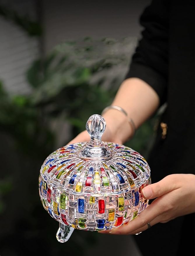 Elegant-Hand Painted Colorful Large Crystal Glass Candy Box,Candy jars with Lid,Storage Jewelry Jar,Candy dish covered,Great Gift for Family Friends-24 oz-Cute Candy servers.