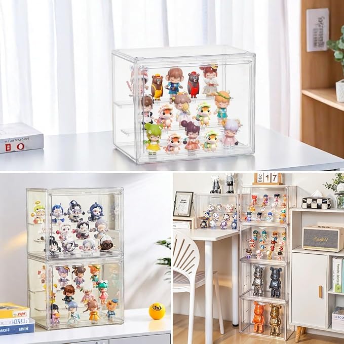 Acrylic Display Case,3 Layer Clear Display Case Adjustable Display Box Stand with 2 Movable Dividers Small Showcase Magnetic Door for Collections Mini Figures