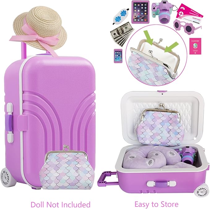 18 Inch Doll Suitcase Travel Luggage Play Set, Mermaid Theme Travel Carrier Storage Accessories for 18inch Doll, Include Case, Clothes, Hat, Sunglasses, Camera, Pillow, Toy Pet