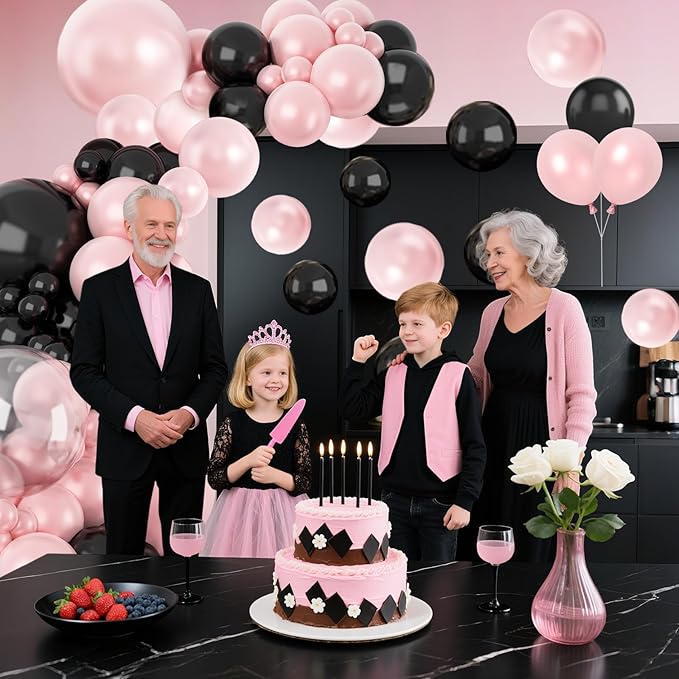 Pearl Pink and Black Balloon Arch Kit, Double Stuffed Pink Black Balloons Garland 18/12/10/5 Inch Pearl Balloons for Baby Shower Birthday Wedding Bridal Shower Party Decor
