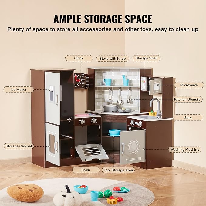 VEVOR Interactive Wooden Toy Play Kitchen Playset for Kids with Lights and Sounds, Corner Design with Ice Maker, Oven, Sink, Clock, Microwaves, Refrigerator and Accessories, for Girls & Boys, Brown