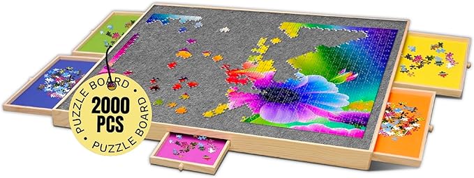 Puzzle Ready Large 2000-Piece Puzzle Board - 41" x 32" Puzzle Table with 5 Colorful Drawers, Cover Mat, Felt Workspace & Carrying Handle – Ideal Game Table for Adults & Children