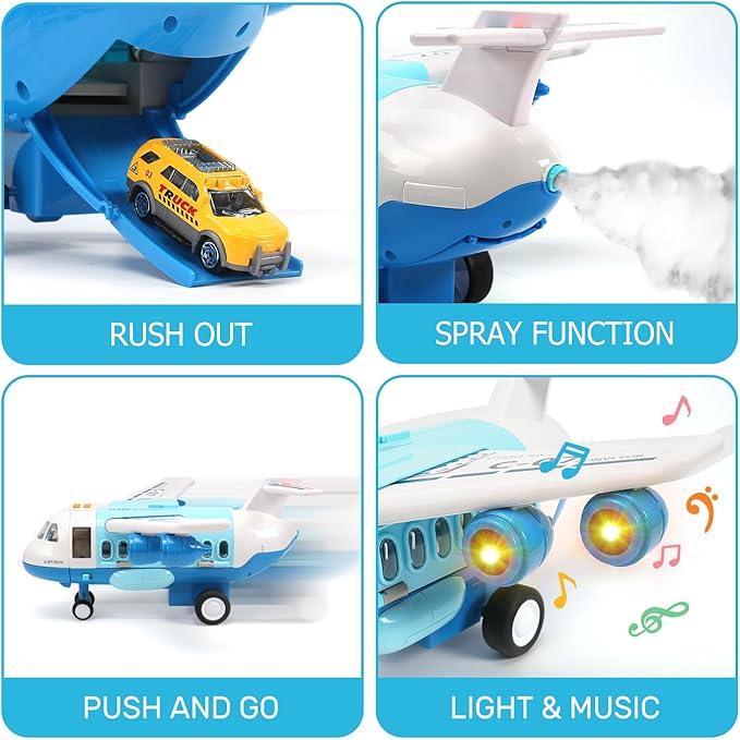 CUTE STONE Toy Airplane Plane Toy with Smoke, Sound and Light, Fricton Powered Airplane with Mini Cars, Great Gift for Boys and Girls