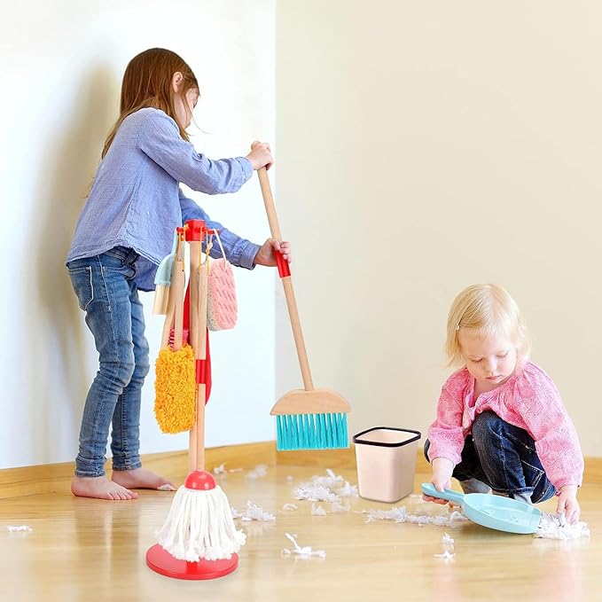 WHOHOLL Kid Cleaning Set, Wooden Toddler Broom Set for Housekeeping, 9 Pcs Kids Broom and Mop Set for Toddlers, Baby Cleaning Toys with Dustpan Sponge, Play Set for Boys and Girls