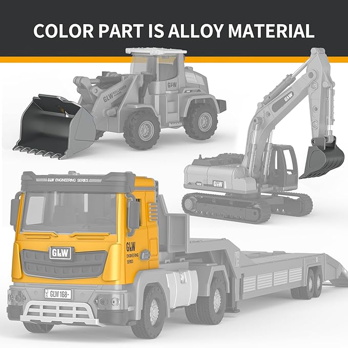 Kids Toys for 3 4 5 6 7 Years Old Boys, Die-cast Construction Toys Set w/Semi Truck, Excavator, Bulldozer, Alloy Engineering Construction Vehicles Truck Toys w/Lights & Sounds, Model Cars