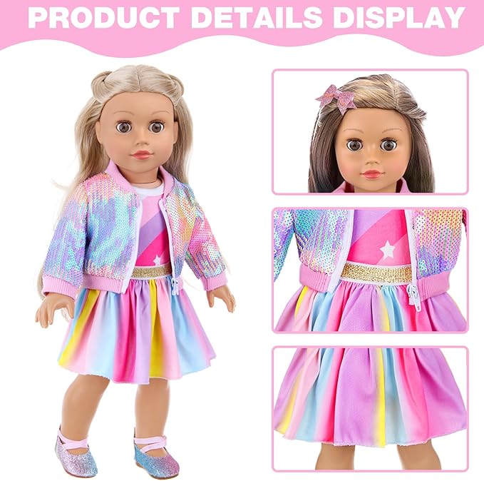 UNICORN ELEMENT American 18 Inch Doll Makeup Accessories and Clothes,Sequin Backpack Set for 18" Dolls Include Skirt Bracelet Hair Clip Phone and Makeup Sets(No Doll and Shoes