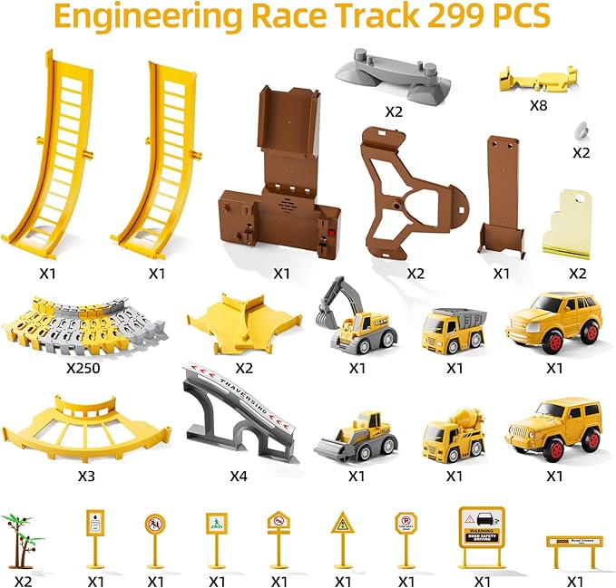 iHaHa 299 PCS Construction Race Tracks Boys Toys, 6 PCS Engineering Cars and Flexible Race Track Playset Create A Engineering Road Gifts Toys for 3 4 5 6 Year Old Boys Kids
