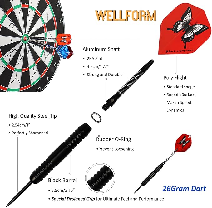 Darts Metal Tip Set,12 Pack 26 Gram Nonslip Iron Barrel, Darts Steel Tip Set Professional,with 12 Aluminum Dart Shafts, 24 Extra Flights, Dart Sharpener, Dart Wrench, Stylish Gift Box