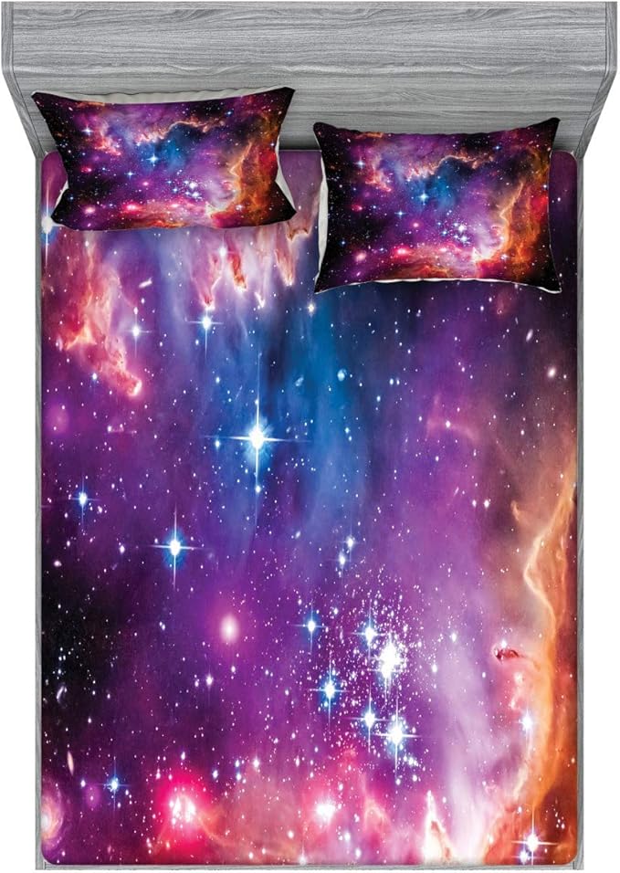 Ambesonne Galaxy Fitted Sheet & Pillow Sham Set, Magellanic Cloud Stars and Colorful Cosmic Universe View Pattern, Decorative Printed 3 Piece Bedding Decor Set, King, Purple Black