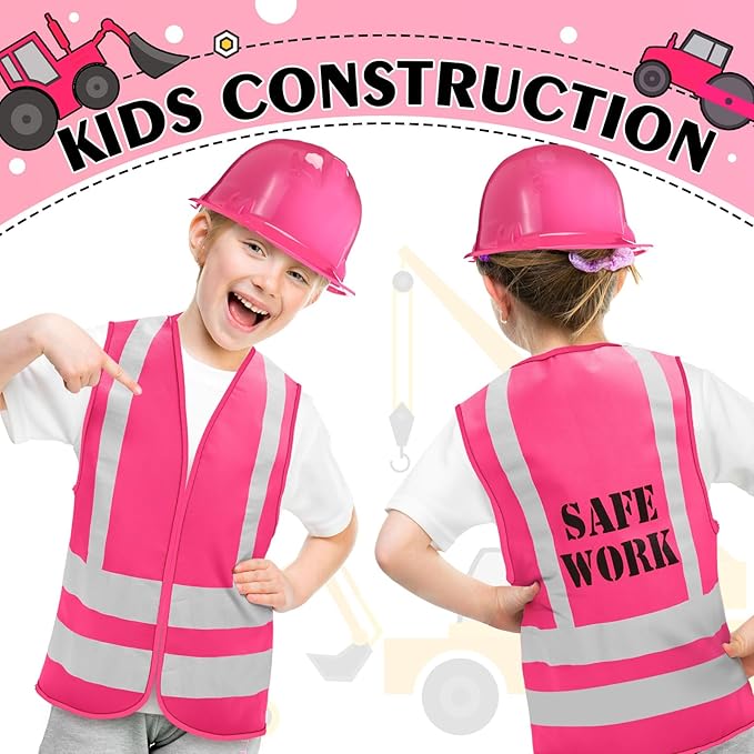 Geyoga 36 Pcs Kids Construction Worker Costume Construction Dress up Party Favors Vests Hats Bag for Birthday Age 3-8