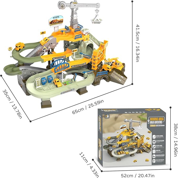 64PCS Engineering Adventure Track Set for Kids 3+ - Motorized Climbing Ladder, Rotating Crane, 4 Mini Cars, Interactive Construction Playset with Music - Safe Design, Ideal Gift