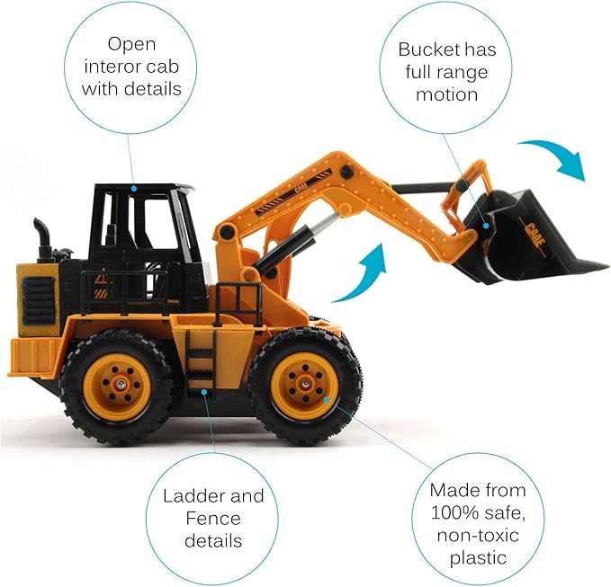 Vokodo RC Bulldozer 13.5" Full Function 1:24 Scale 2.4Ghz Construction Vehicle Toy Front Loader Tractor Truck Electric Remote Control Radio Digger Car Ready to Run for Children Kids Boys
