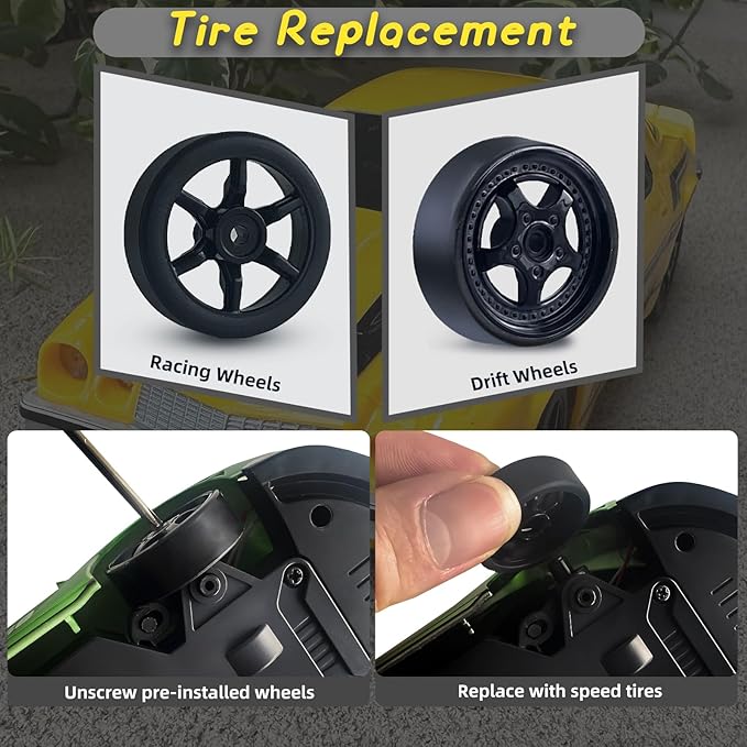 1/24 2.4GHz 4WD Remote Control Drift Car for Boys Girls - Mini RC Car With Light, Rechargeable Battery, and Drift Tires - Yellow Birthday and Xmas Toy for Kids