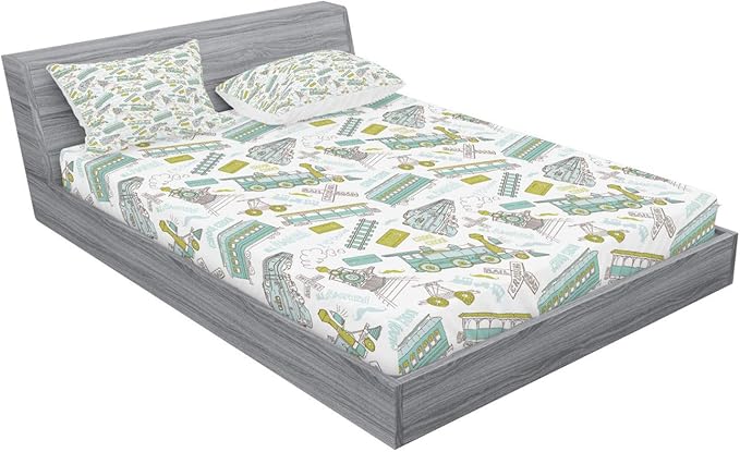 Ambesonne Steam Engine Fitted Sheet & Pillow Sham Set, Choo Choo Train Pattern and Number Signs Vintage Travel Theme Print, Decorative Printed 2 Piece Bedding Decor Set, Queen, Apple Green Turquoise