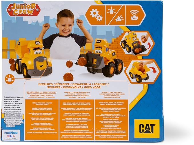 CAT Construction Toys, Front Loader Toy - Interactive Forward & Back Motion, Lights & Sounds, Animated Face - Batteries & Play Rocks Included - Ages 2+