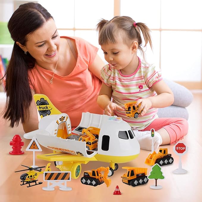 Dwi Dowellin Construction Airplane Toys,Car Toys Set with Light and Sound,Great Birthday Gifts for 3 4 5 6 Years Old Boys (Medium)