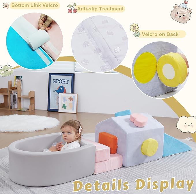 Foam Climbing Blocks for Toddlers,6 Pieces Soft House-Shaped Play Gym with Safety Edges,Montessori Toys for Indoor Active Play,Balance & Motor Skills Development,Colorful(Balls not included)