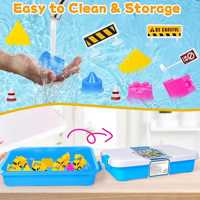 Construction Sensory Bin for Toddlers, Kids Play Sand Kit Toys Sandbox with 2.2lbs Magic Sand, Vehicles, Castle Molds, Road Signs, Shovel, Preschool Learning Activities Gifts for Boys Girls Age 3-5+