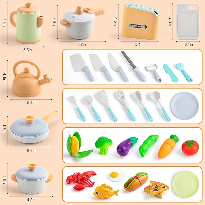 42Pcs Play Kitchen Accessories, Pretend Play Kids Kitchen Playset Toys with Cookware Pots and Pans, Cooking Utensils, Play Food Sets, Preschool Learning Education Toys Gift for Toddlers Girls Boys