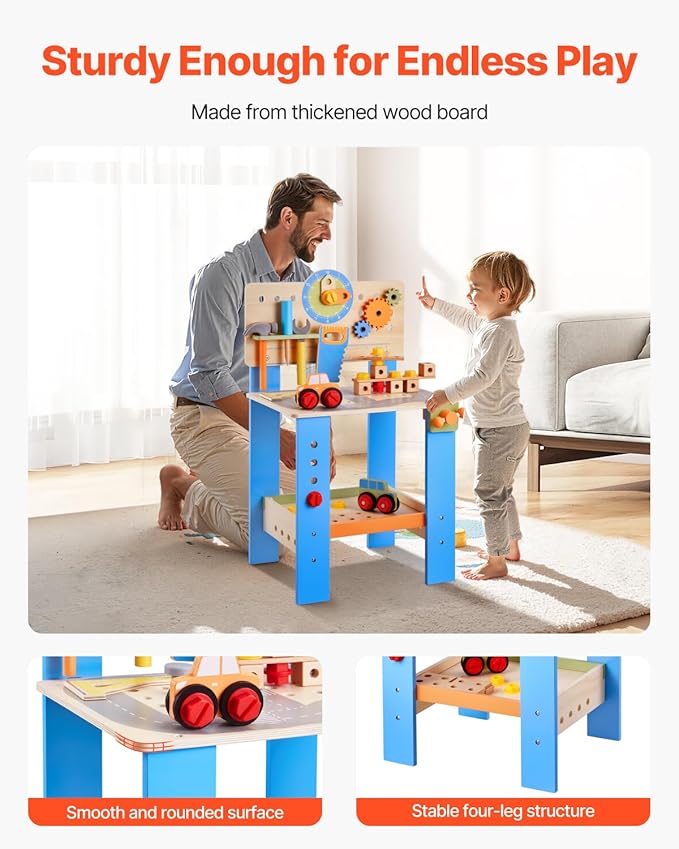 VEVOR Kids Workbench, 62 pcs Wooden Tool Bench for Kids 3 Years and Up, Toddler Toy Workbench with Realistic Tools, Building Set Creative & Educational Construction Toy for Boys & Girls