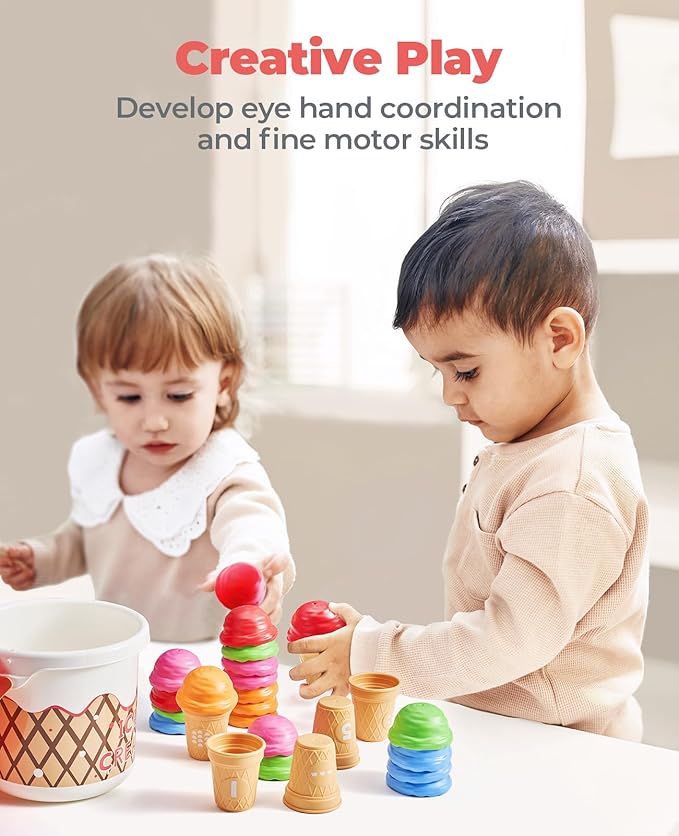 JoyCat Ice Cream Preschool Learning Activities Counting and Color Sorting Set Stacking Toys for Kids 3-5, Safety Fine Motor Skills Toy, Math Learning Resources Easter Basket Stuffers for Toddler 30PCS