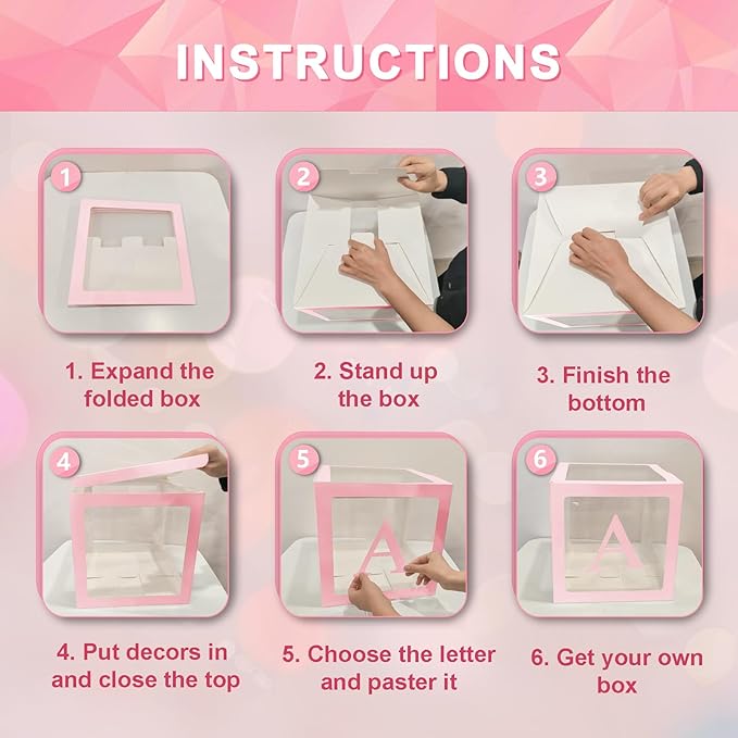 Ledido Baby Boxes with Letters for Baby Shower Decorations, 4 pcs Clear Baby Balloon Boxes Blocks for Baby Shower Decor with Letters for Boy Girl Gender Reveal Decorations Backdrop Party (Pink)