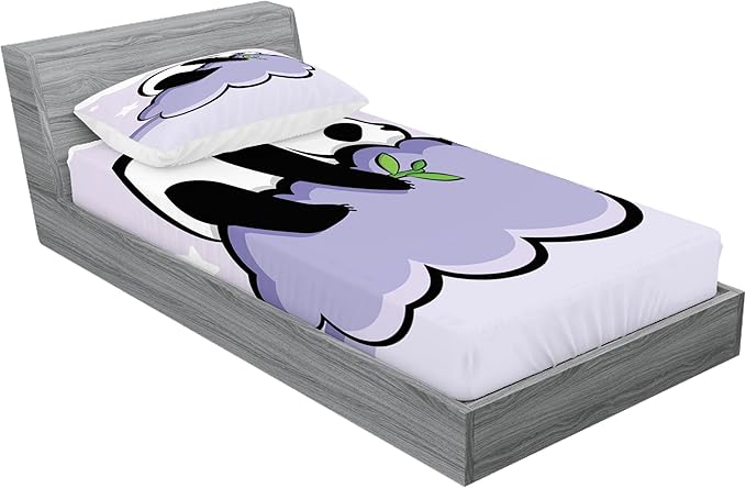 Ambesonne Panda Fitted Sheet & Pillow Sham Set, Panda Bear Sleeping on Cloud in Starry Night Sky Cartoon Illustration Print, Decorative Printed 2 Piece Bedding Decor Set, Twin, Lilac Black